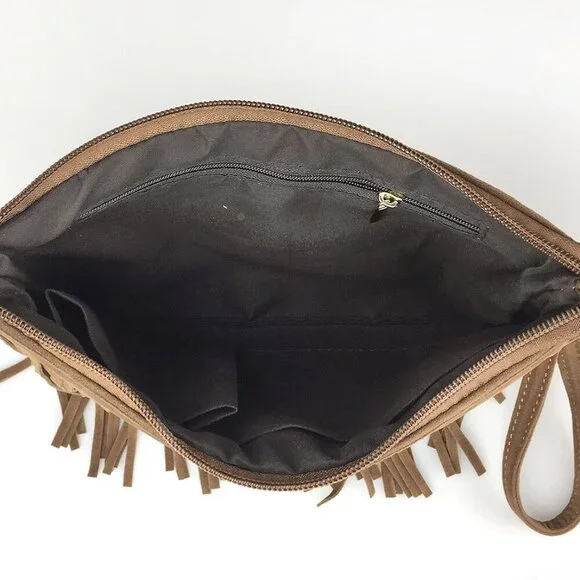 Fringe Cross Body Bag Faux Leather Suede Small Shoulder Wristlet - Picture 6 of 7